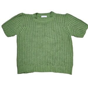 OAK FORT Green Knit Puff Sleeve Chunky Short Sleeve Sweater Top Lg